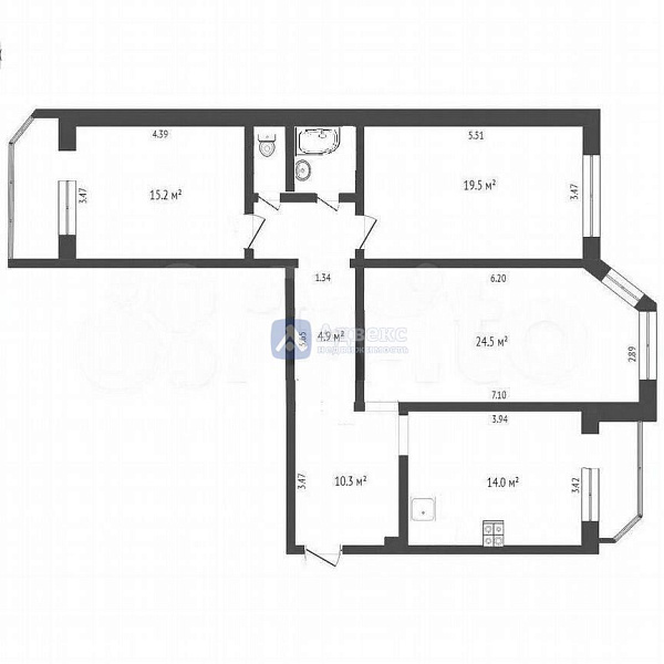 Квартира 3-комн., 96.3 м²