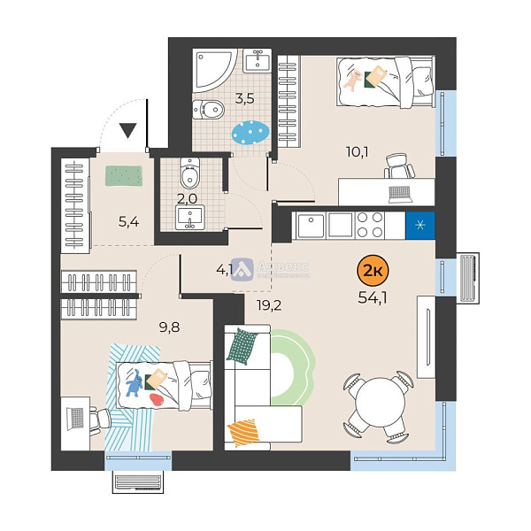 Квартира 2-комн., 54.1 м²