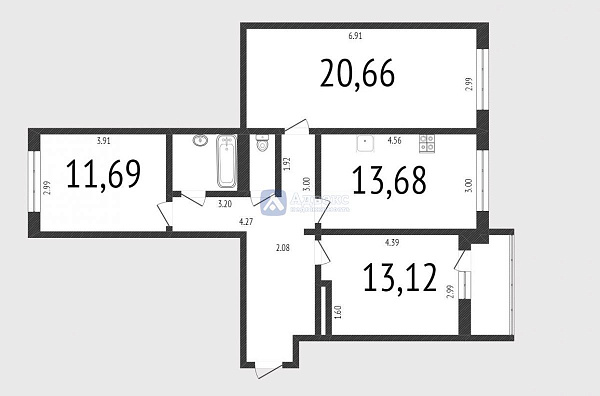 Квартира 3-комн., 77.3 м²