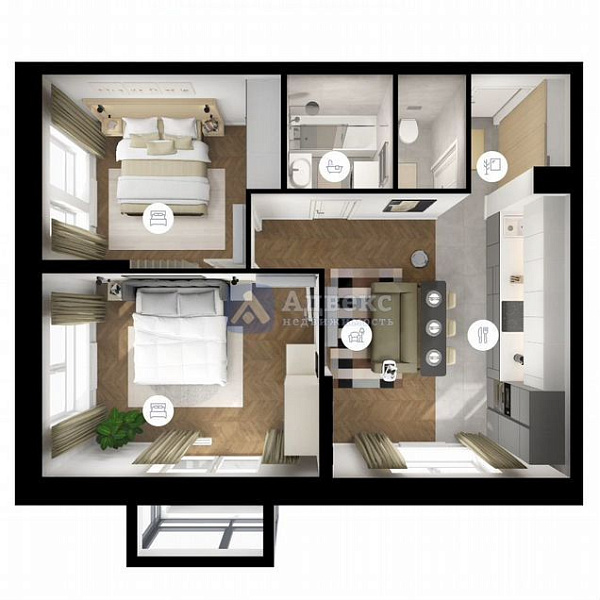 Квартира 2-комн., 57.1 м²