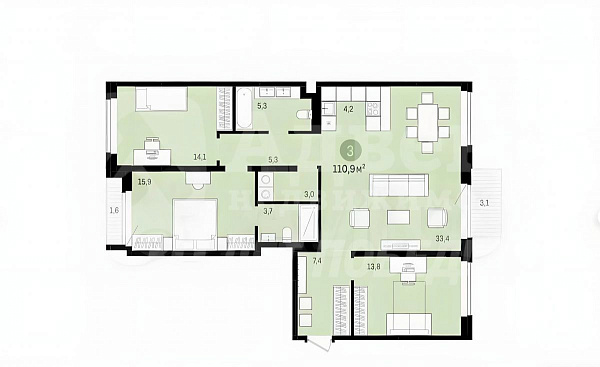 Квартира 3-комн., 110 м²
