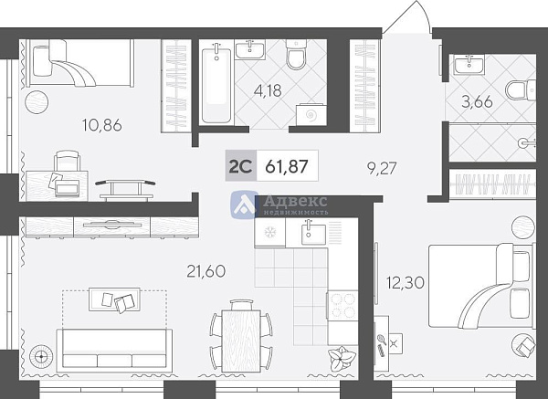 Квартира 2-комн., 61.87 м²