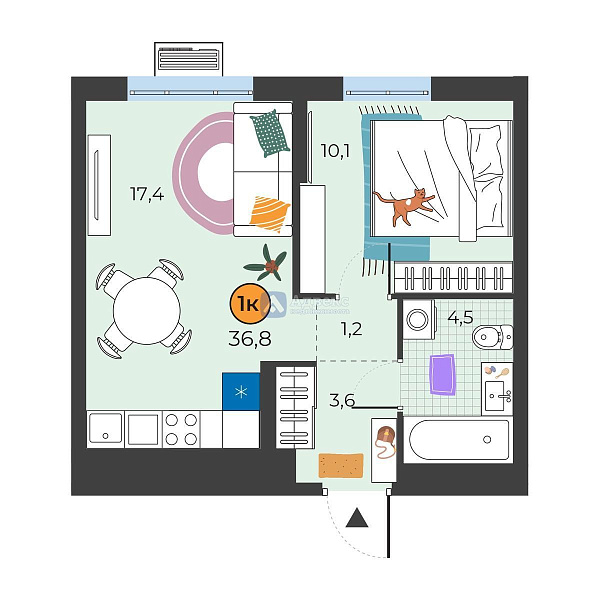 1-к квартира в новостройке, 36 кв.м.