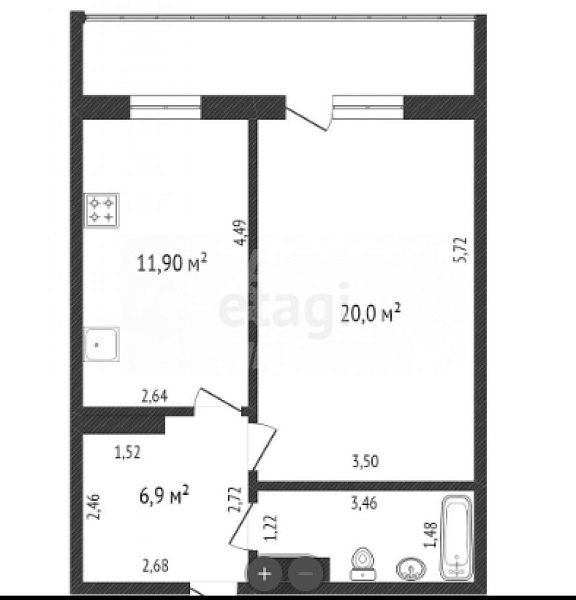 1-к квартира, 45 кв.м.