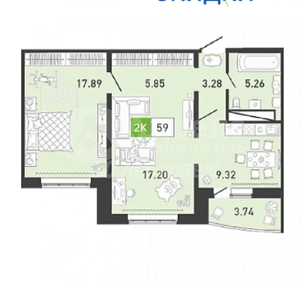 2-к квартира, 59 кв.м.