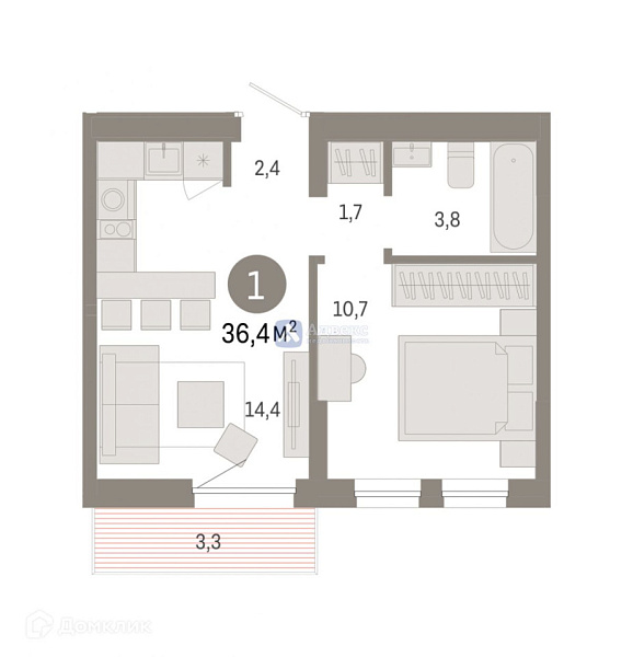 Квартира 1-комн., 36.38 м²