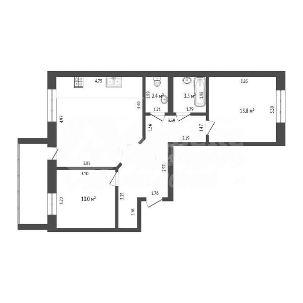 2-к квартира, 65 кв.м.