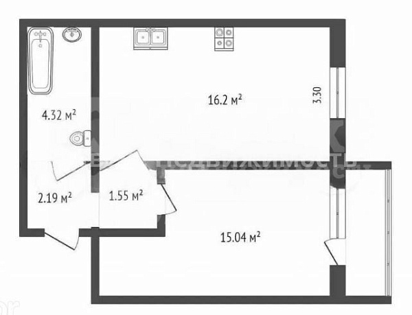 Квартира 1-комн., 39.3 м²
