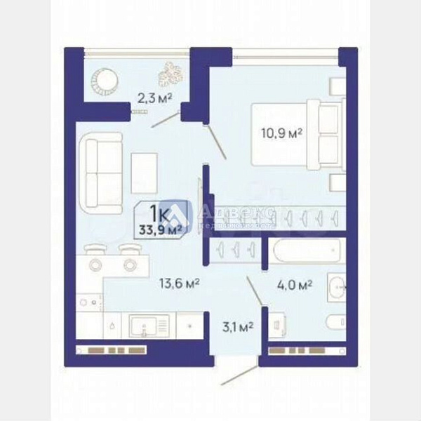 Квартира 1-комн., 33.9 м²