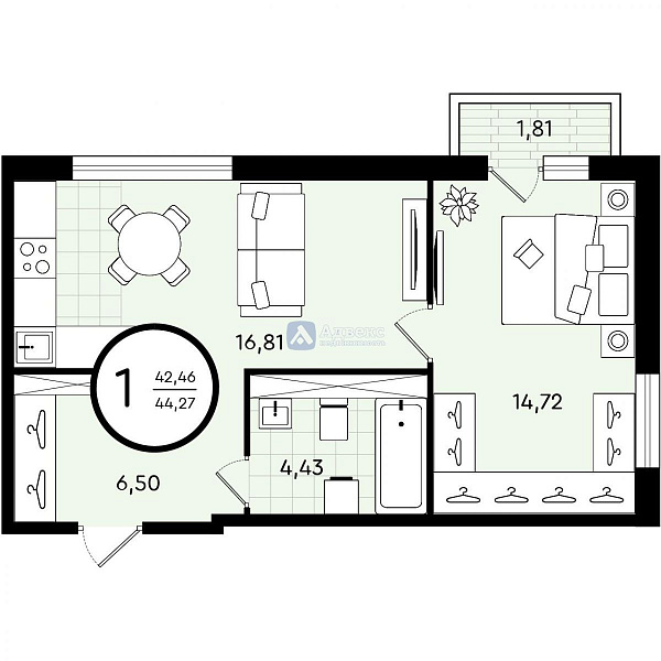 Квартира 1-комн., 44.27 м²