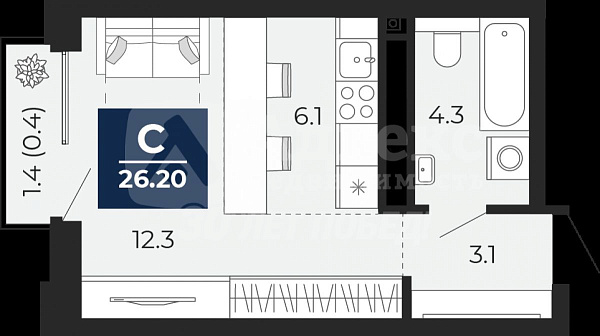 Квартира студия, 25.3 м²