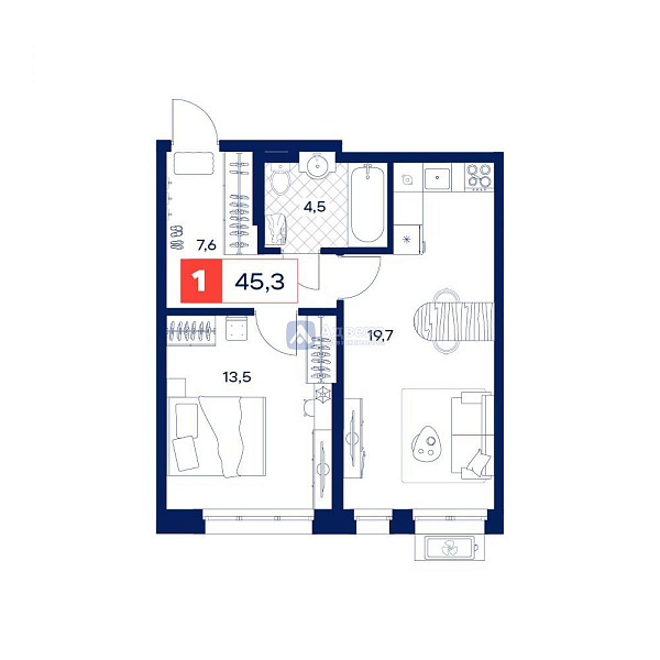 1-к квартира в новостройке, 45 кв.м.