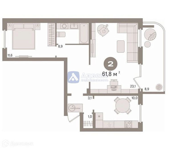 2-к квартира, 61 кв.м.