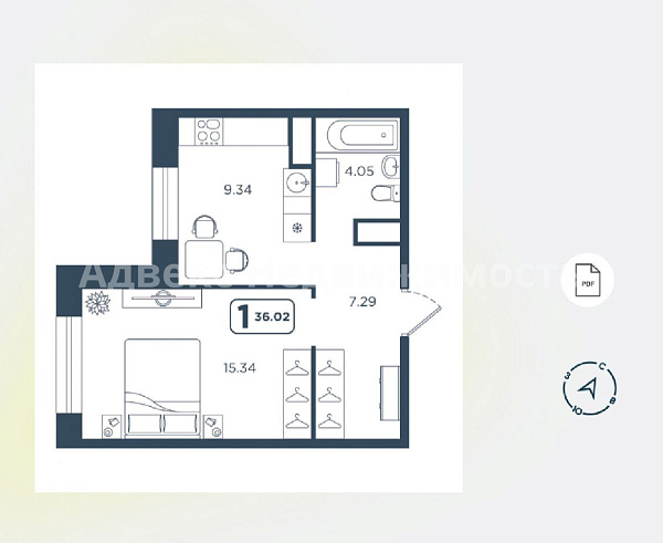 Квартира 1-комн., 36.02 м²