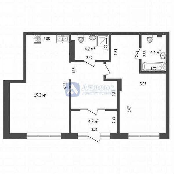 2-к квартира, 63 кв.м.