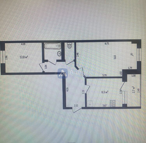 2-к квартира, 56 кв.м.