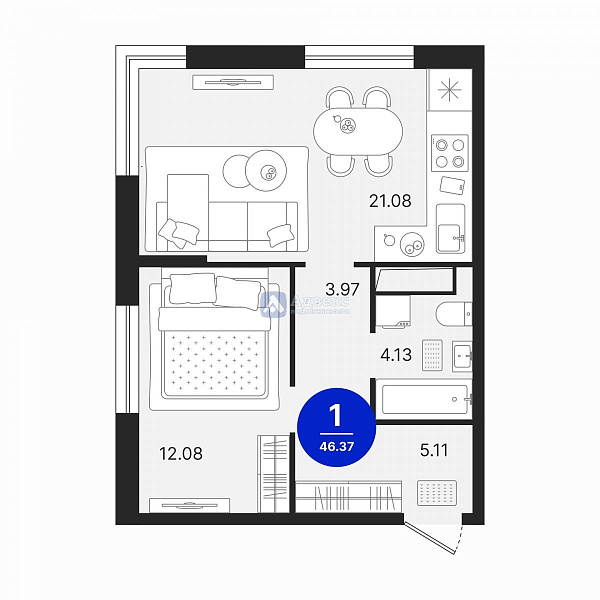 1-к квартира в новостройке, 46 кв.м.