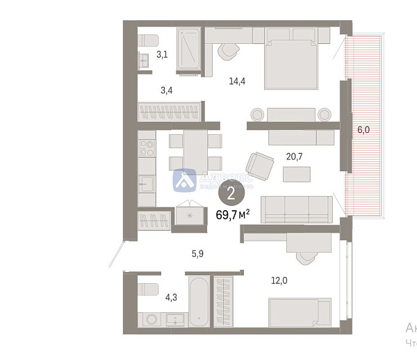 2-к квартира в новостройке, 69 кв.м.