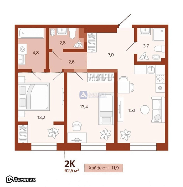 Квартира 2-комн., 62.49 м²