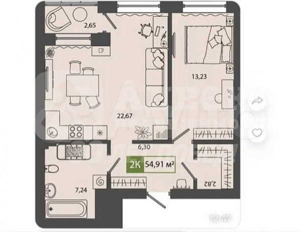 Квартира 2-комн., 53.6 м²