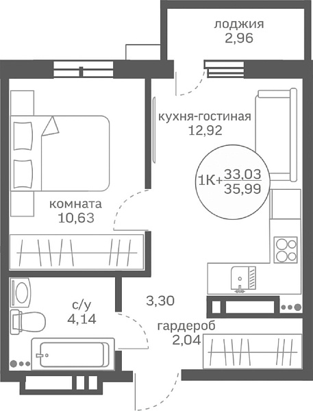 Квартира 1-комн., 33.03 м²