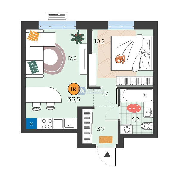 Квартира 1-комн., 36.5 м²