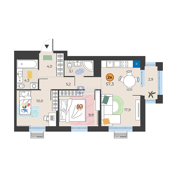 2-к квартира в новостройке, 55 кв.м.
