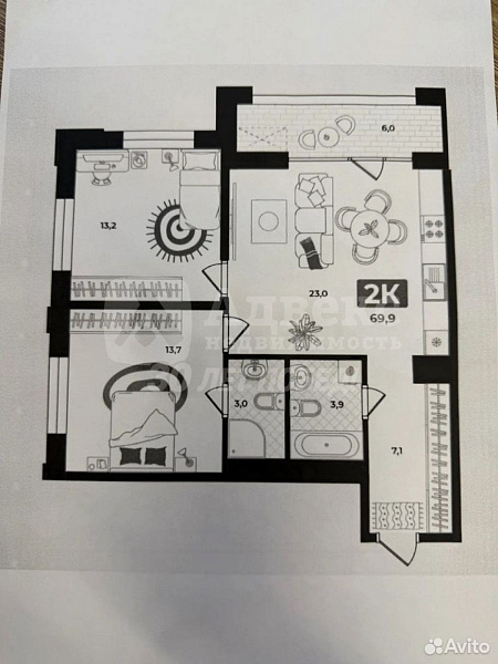 Квартира 2-комн., 69.9 м²