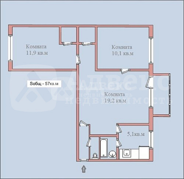 Квартира 3-комн., 51.5 м²