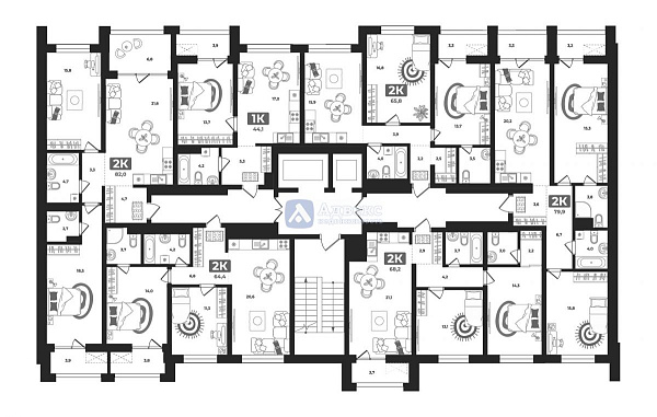 Квартира 1-комн., 44.1 м²