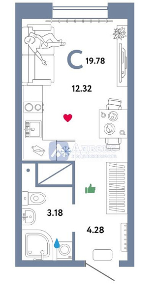 Квартира студия, 20 м²