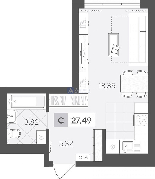 Квартира студия, 27.49 м²