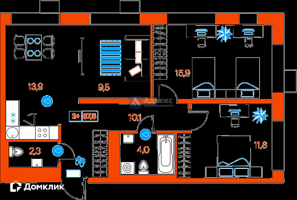 Квартира 2-комн., 67.5 м²