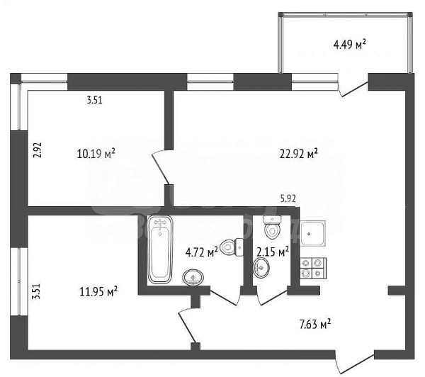 2-к квартира, 58 кв.м.