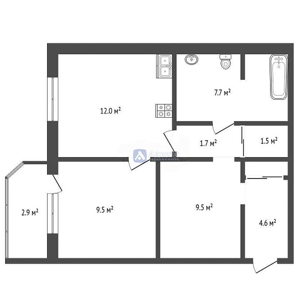 Квартира 1-комн., 46.3 м²