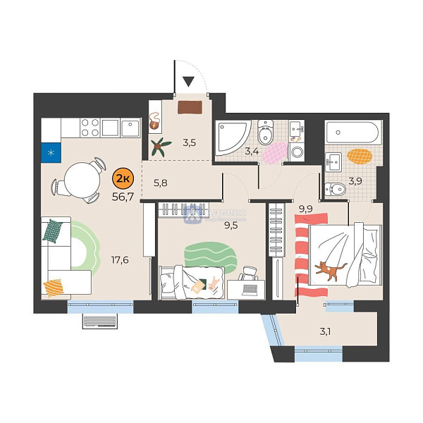 2-к квартира в новостройке, 54 кв.м.