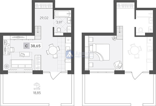Квартира студия, 51.84 м²