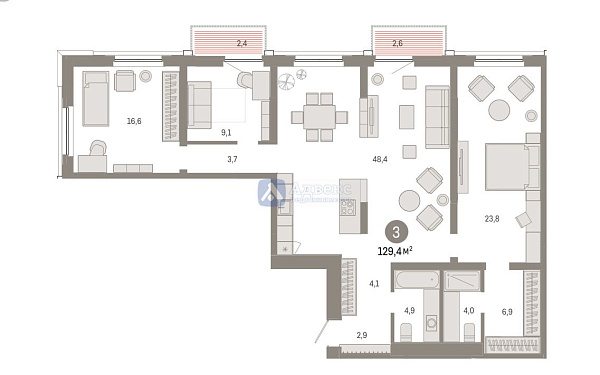3-к квартира в новостройке, 129 кв.м.