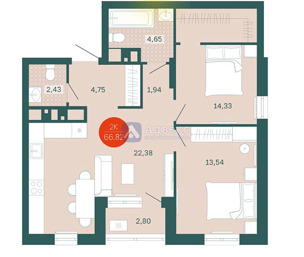 2-к квартира, 64 кв.м.