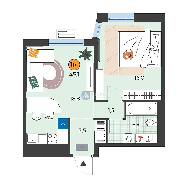 Квартира 1-комн., 45.1 м²