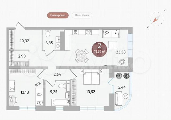 2-к квартира, 76 кв.м.