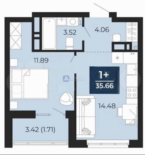 Квартира 1-комн., 35.6 м²