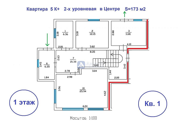 Квартира 3-комн., 173 м²