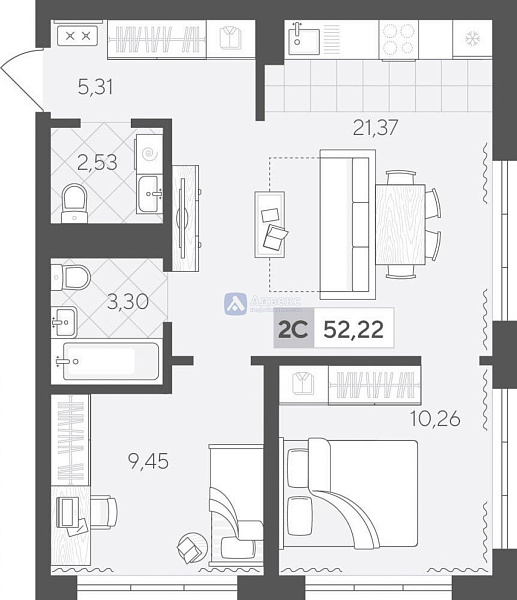 2-к квартира в новостройке, 52 кв.м.