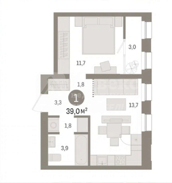 Квартира 2-комн., 38.4 м²