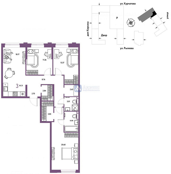 Квартира 3-комн., 92.16 м²