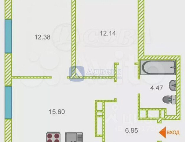 2-к квартира, 50 кв.м.