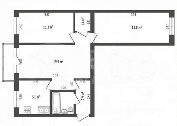 3-к квартира, 58 кв.м.