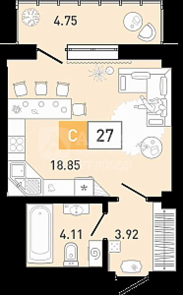 Квартира студия, 27 м²