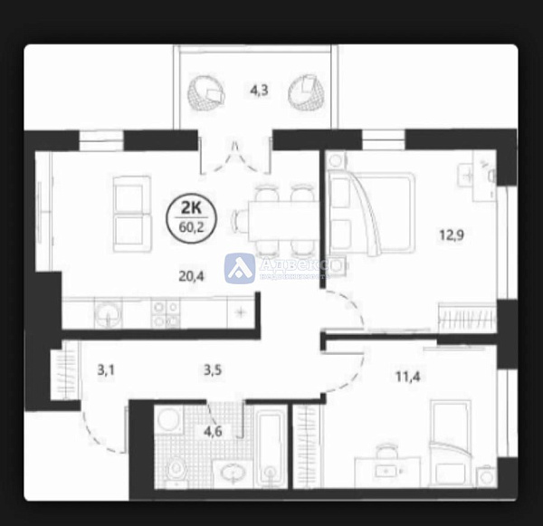 Квартира 2-комн., 60.2 м²
